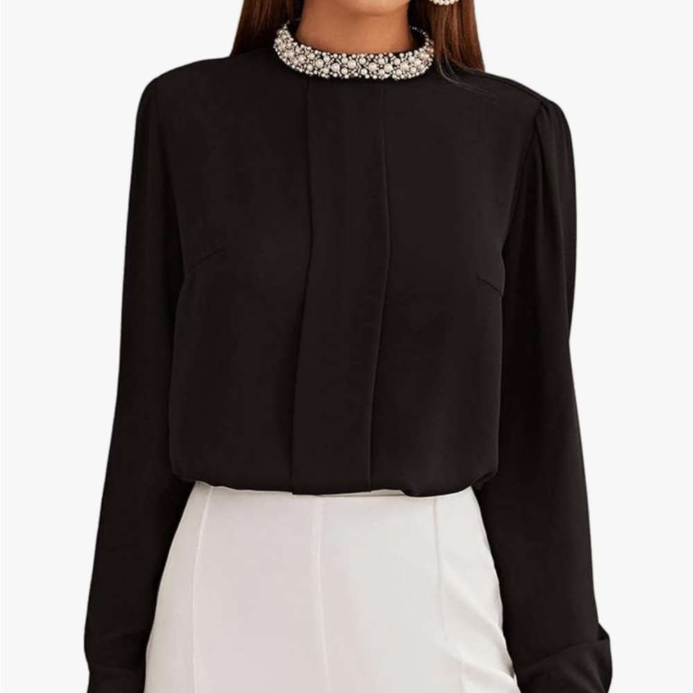 Black Women's Blouse with Mock Neck Embellished Collar